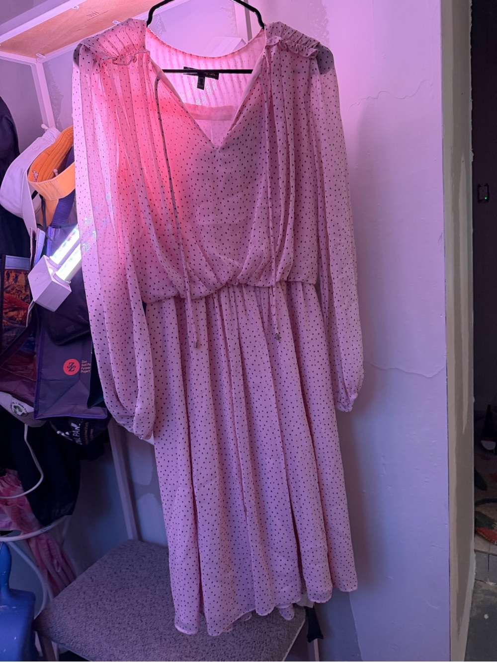 Adrianna Papell Blush Pink Polka Dot Long Sleeve Midi Dress